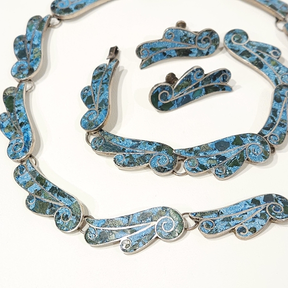 1940s Taxco Mexico Sterling Silver 950 Blue Stone Inlay 3 Piece Demi Parure Set - Picture 8 of 16